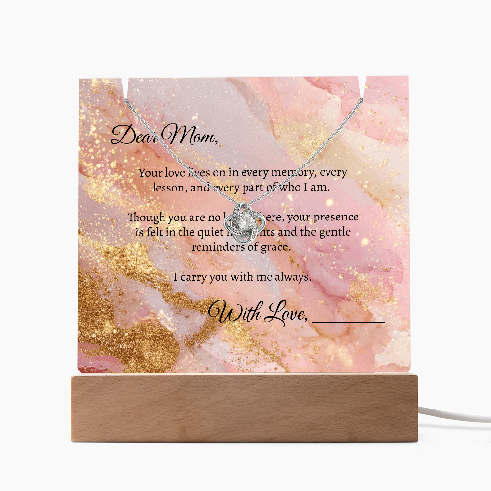 Mom in Heaven Memorial Devotional Gift - Keepsake Acrylic + Love Knot Necklace