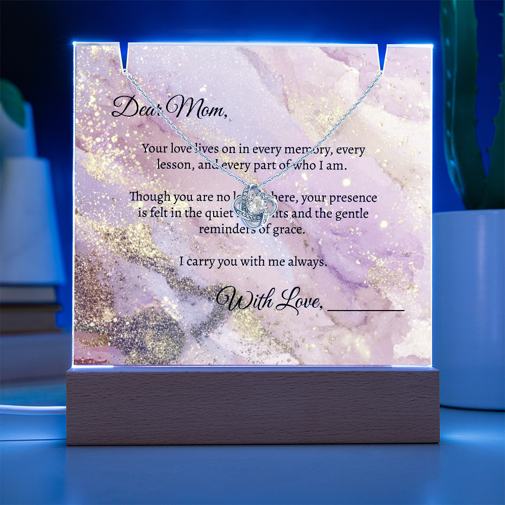 Mom in Heaven Memorial Devotional Gift - Keepsake Acrylic + Love Knot Necklace