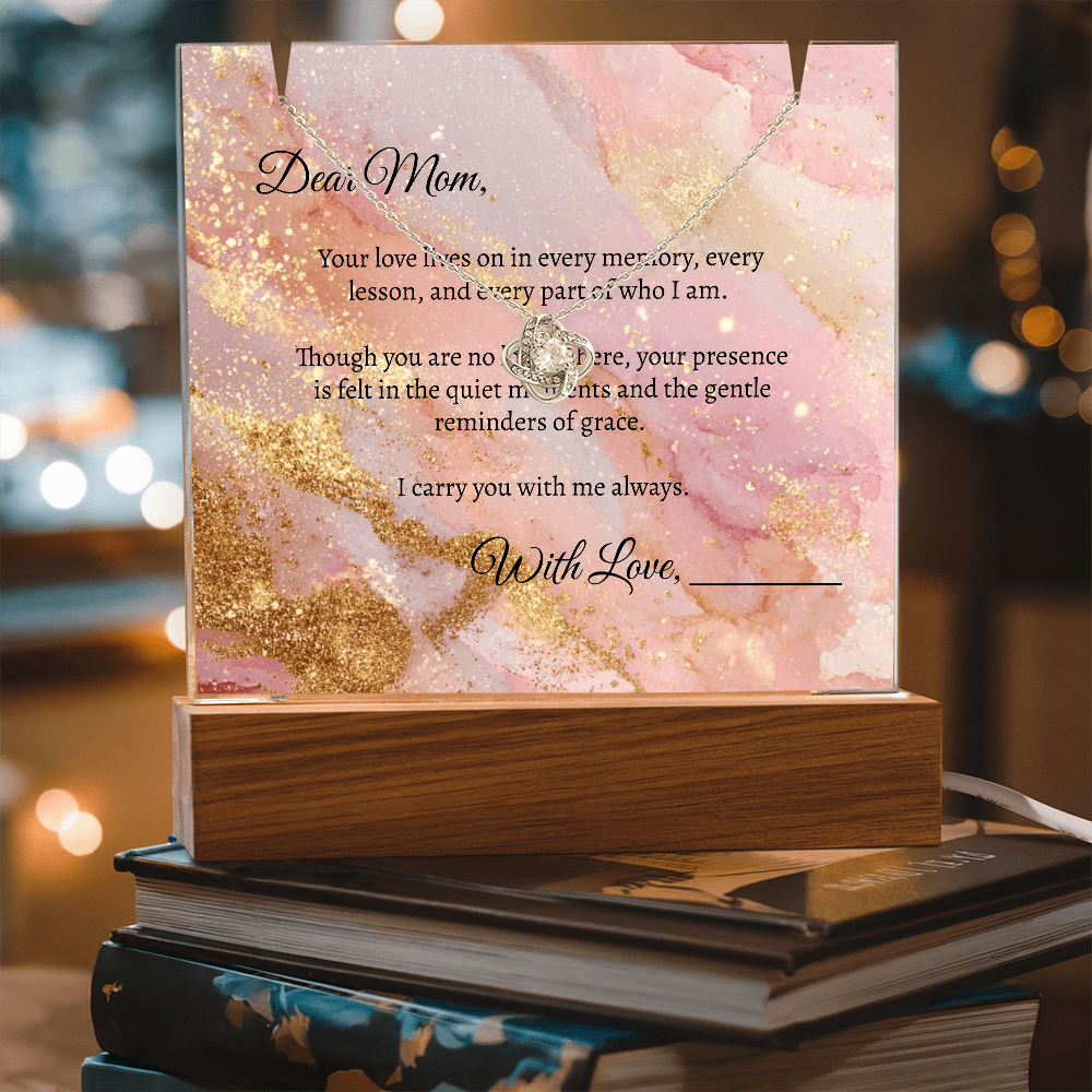 Mom in Heaven Memorial Devotional Gift - Keepsake Acrylic + Love Knot Necklace