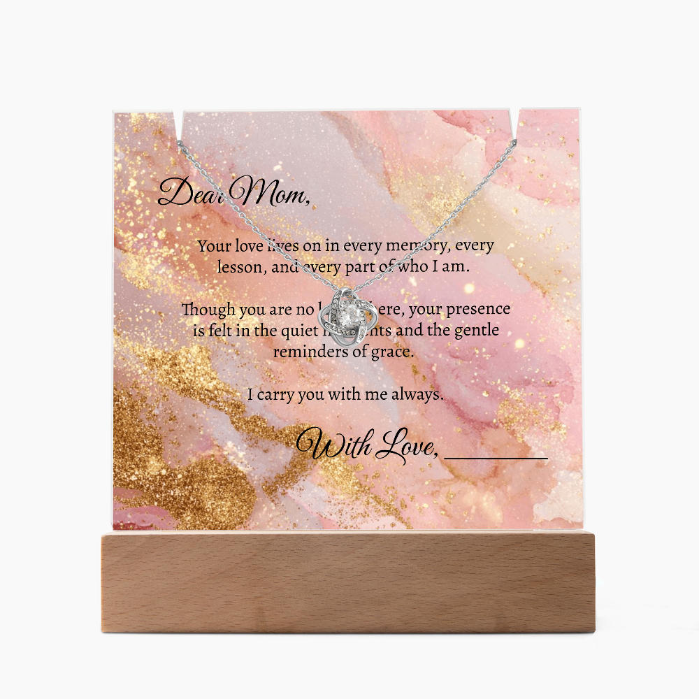 Mom in Heaven Memorial Devotional Gift - Keepsake Acrylic + Love Knot Necklace