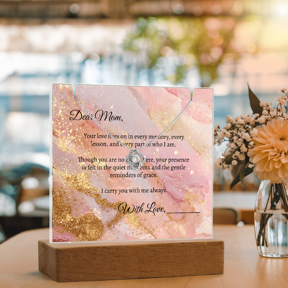 Mom in Heaven Memorial Devotional Gift - Keepsake Acrylic + Love Knot Necklace