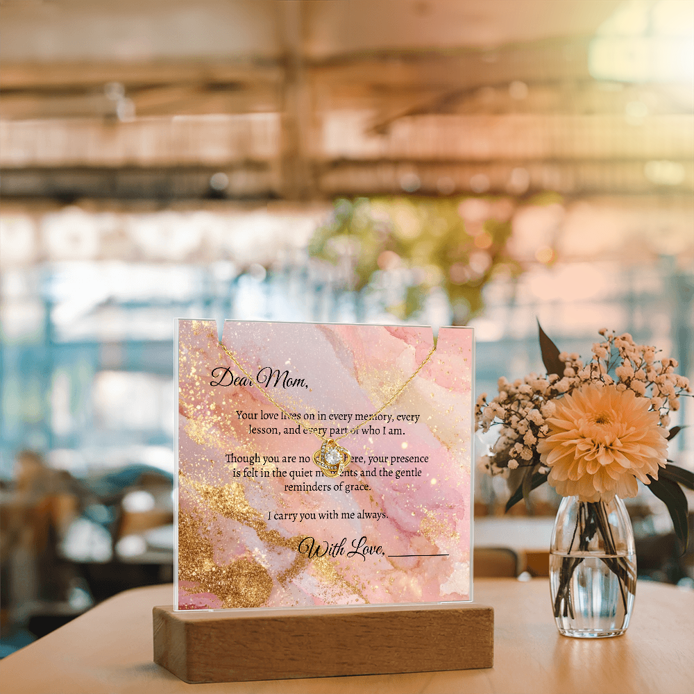 Mom in Heaven Memorial Devotional Gift - Keepsake Acrylic + Love Knot Necklace