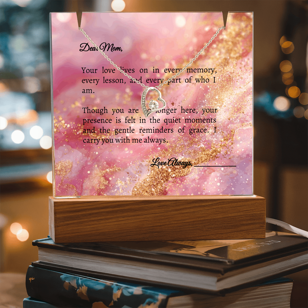 Mom in Heaven Memorial Devotional Gift - Keepsake Acrylic + Forever Love Necklace