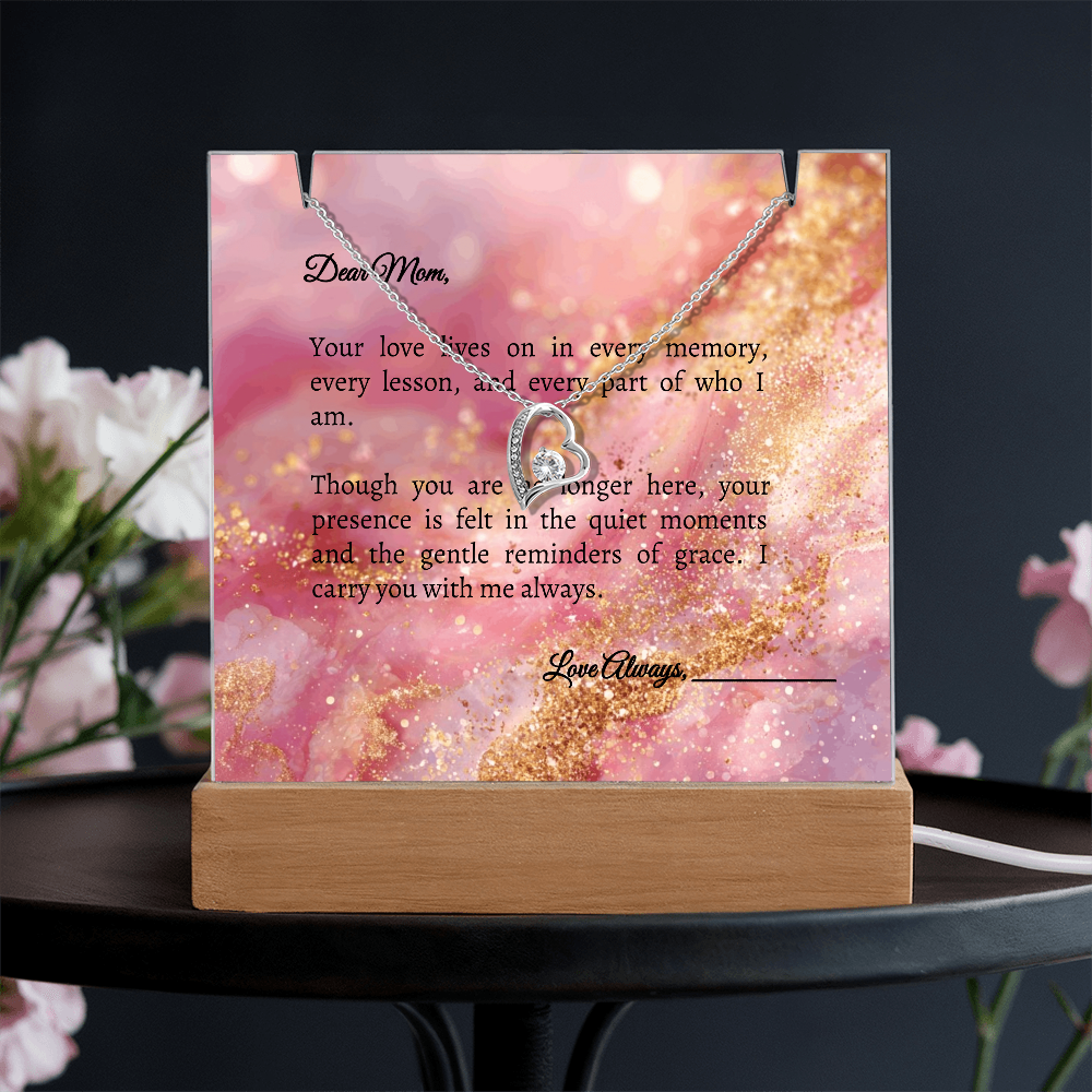 Mom in Heaven Memorial Devotional Gift - Keepsake Acrylic + Forever Love Necklace