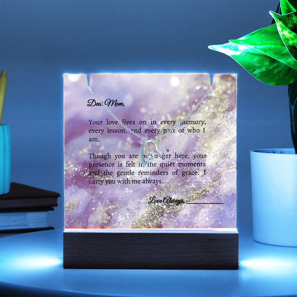 Mom in Heaven Memorial Devotional Gift - Keepsake Acrylic + Forever Love Necklace
